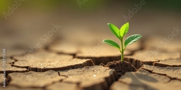 Fototapeta A resilient seedling emerges from cracked earth, symbolizing hope, growth, and the perseverance of life in challenging environments.