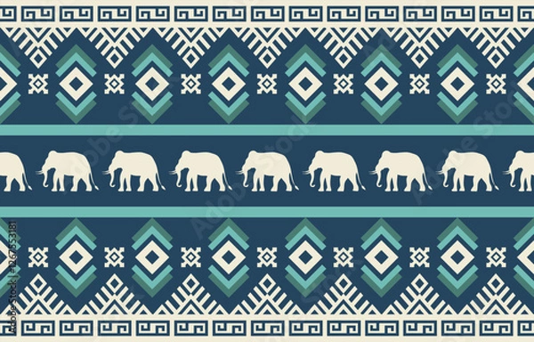 Fototapeta Elephant pattern. Seamless. White stripes, blue background. Ethnicity. Floral patterns, printed fabrics, pants, Lanna.	