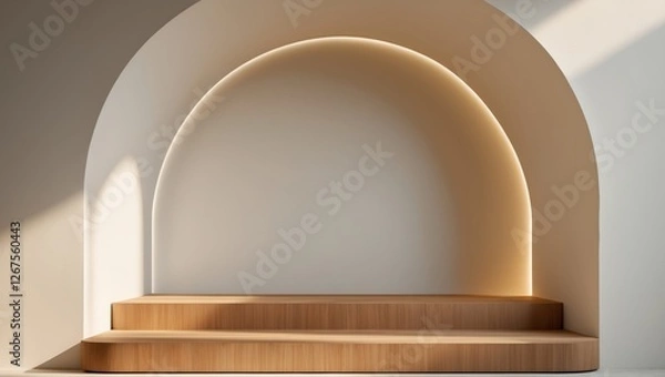 Fototapeta Wooden podium in arch shaped alcove providing elegant space for product showcasing.
