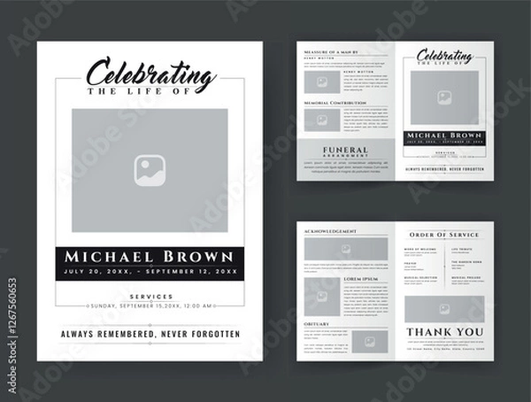 Obraz Funeral  Template for Memorial Program. Minimalist Bifold Brochure Design Layout.