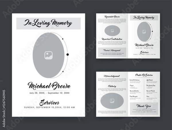 Obraz Funeral  Template for Memorial Program. Minimalist Bifold Brochure Design Layout.
