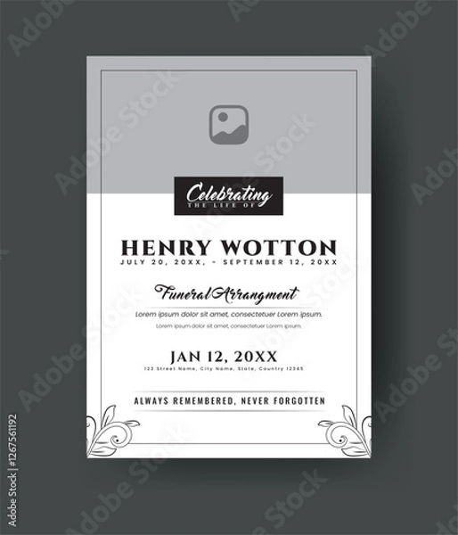 Obraz Funeral  Template for Memorial Program. Minimalist Bifold Brochure Design Layout.