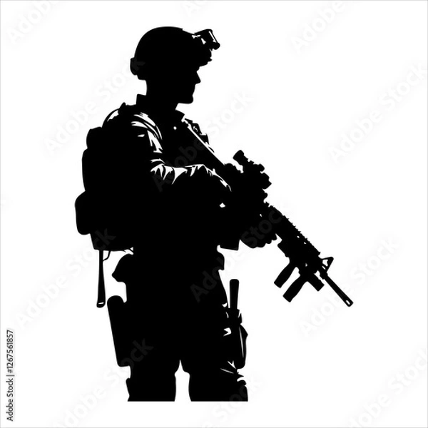 Fototapeta Soldier silhouette vector. Silhouette of army military with machine guns vector  