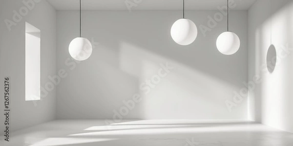 Fototapeta A white room with three round lights hanging from the ceiling.