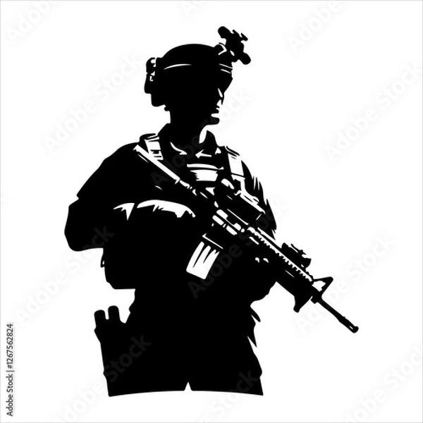 Fototapeta Soldier silhouette vector. Silhouette of army military with machine guns vector  