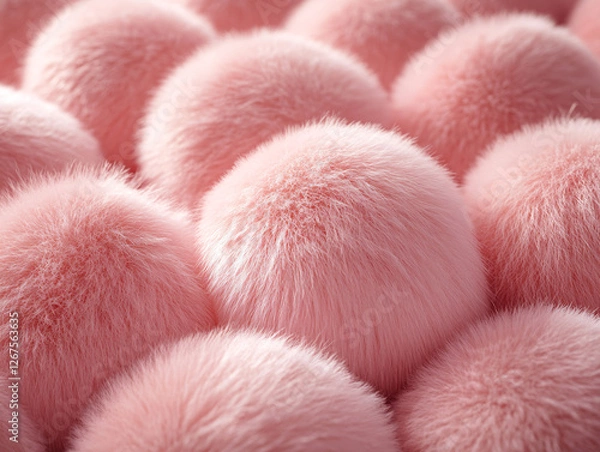 Fototapeta a collection of pink fluffy balls, resembling pom-poms or faux fur pieces, arranged closely together. The color and texture suggest a soft, luxurious material