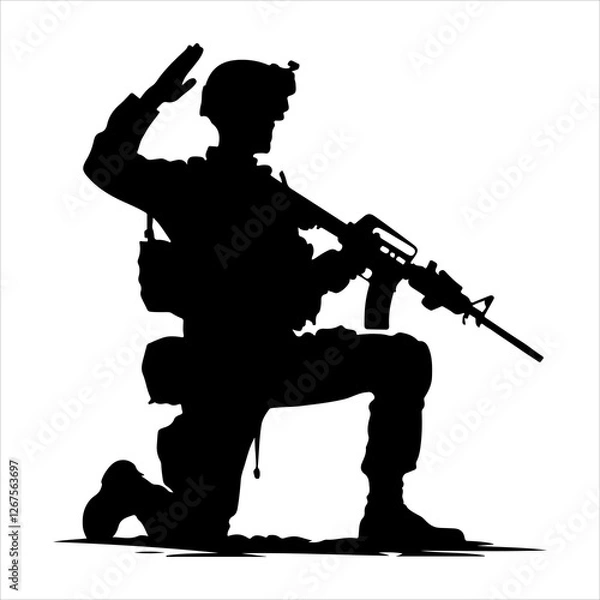 Fototapeta Soldier silhouette vector. Silhouette of army military with machine guns vector  
