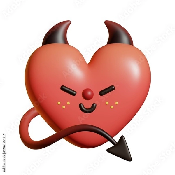 Fototapeta Devil heart character. Wicked heart with horns and a tail. Valentine's Day mascot in 3d. Dangers of love concept in cute style.
