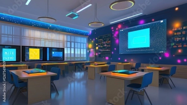 Fototapeta Modern classroom tech, interactive learning, city view