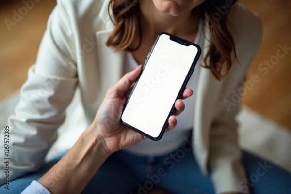 Fototapeta Woman sitting on floor with blank screen mobile phone in hand , sitting, woman