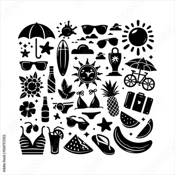 Fototapeta Summer silhouette vector. Summer vector silhouette icons. Summer element collection silhouette illustration.