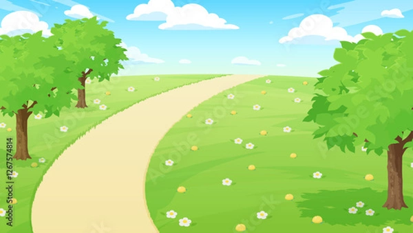 Fototapeta 花が咲いている草原の風景イラスト_16:9