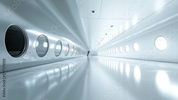 Obraz Futuristic white corridor, illuminated, clean, empty, science fiction, architectural design, for sci-fi film or game