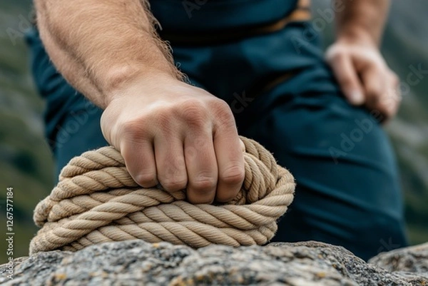 Obraz  A close-up of a strong hand gripping a thick, coiled rope, set against an outdoor backdrop. 