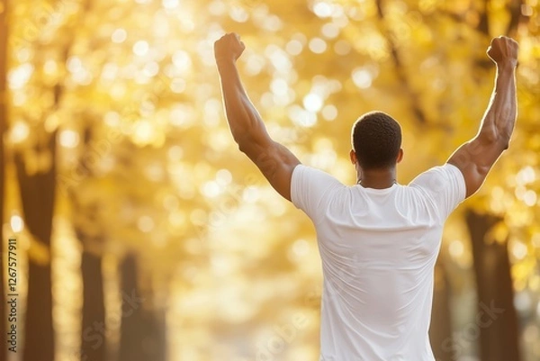 Fototapeta A powerful image of a fit man standing in a sunlit autumn forest with his arms raised in victory.