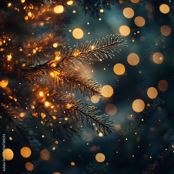 Fototapeta Festive Bokeh Snowy Pine Branch Background