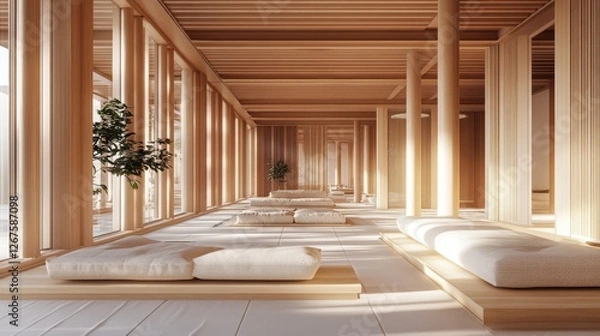 Fototapeta A high-end resort lobby with natural wood elements, soft sofas, and a relaxing atmosphere.