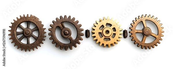 Fototapeta A collection of vintage gears showcasing intricate designs and craftsmanship. Perfect for illustrating themes of engineering, mechanics, and industrial innovation.