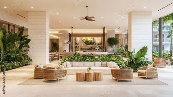 Fototapeta A modern tropical hotel lobby with a breezy open-air design, rattan furniture, and lush greenery.