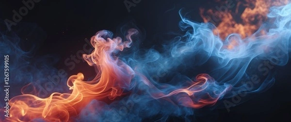 Fototapeta Colorful smoke texture in dark background with swirling blue and orange flames creating a mystical and dynamic atmosphere for creative projects.