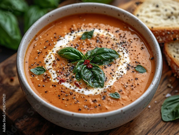 Obraz a bowl of tomato soup garnished with fresh basil leaves and a drizzle of cream, served with a side of toasted bread.
