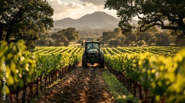 Fototapeta A tractor is driving through a field of green grapes
