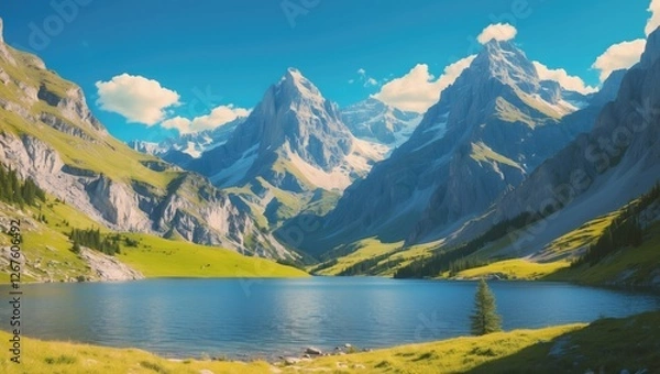 Obraz Majestic mountain landscape with towering peaks and serene lake under a bright blue sky on a sunny day in a natural paradise setting.