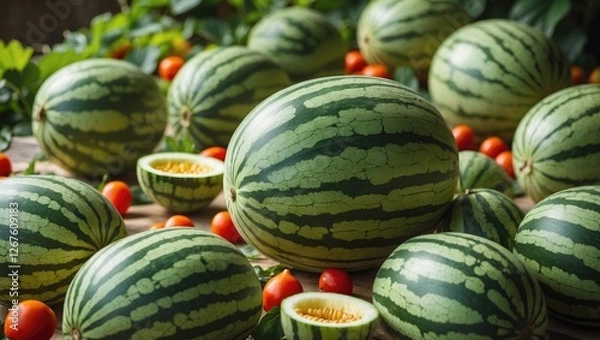 Fototapeta Summer Harvest of Fresh Ripe Watermelons Surrounded by Cherry Tomatoes with Empty Space for Creative Text or Design Elements