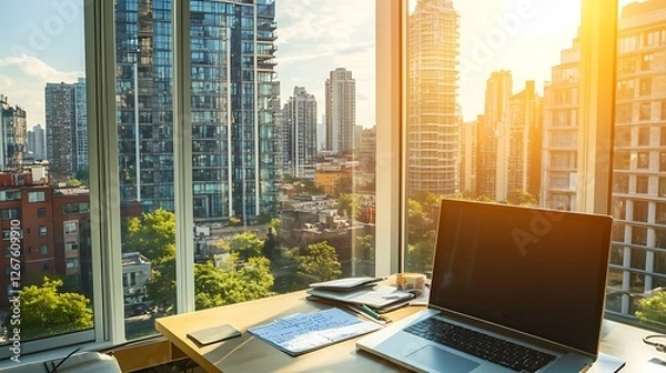 Obraz Laptop and Papers near Window with City View