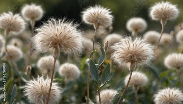 Fototapeta Fluffy Seed Heads on Tall Stems in a Lush Green Field Ready for Wind Dispersal in Autumn Nature Scene
