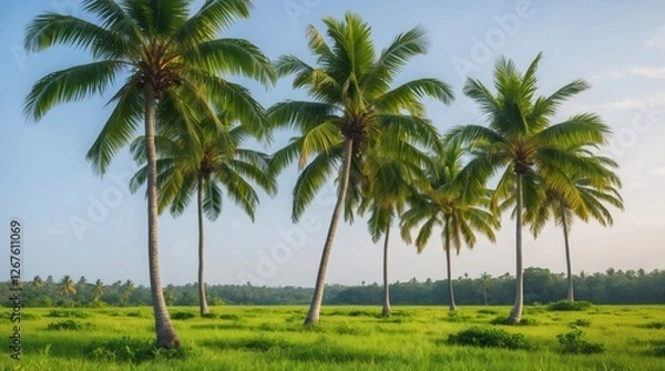 Fototapeta Tropical palm trees in a serene meadow surrounded by lush greenery under a clear sky showcasing nature's tranquility and beauty.