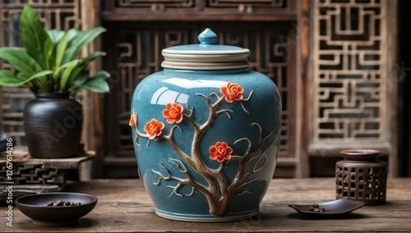 Fototapeta Ceramic decorative jar with floral design showcasing feng shui elements in an elegant wooden setting for home decor and style.