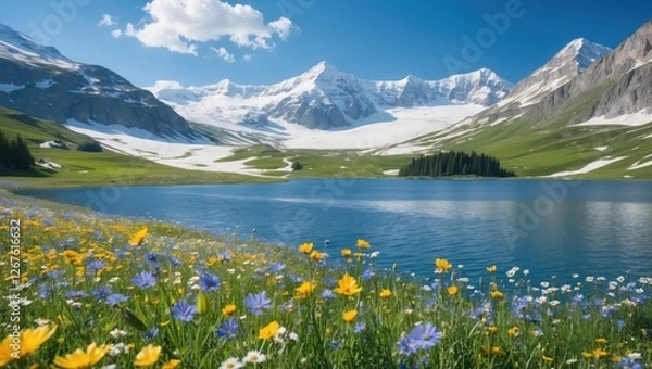 Fototapeta Vibrant Summer Landscape Featuring Wildflower Meadow Snow-Capped Mountains and Tranquil Blue Lake Under Clear Blue Sky
