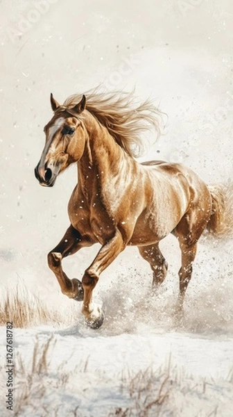 Fototapeta Majestic horse gallops through soft snow on a bright winter day in a serene landscape