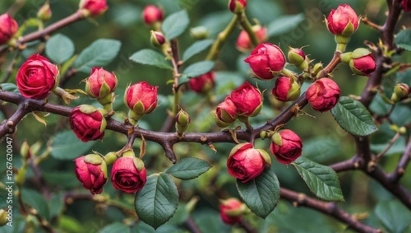 Fototapeta Ripe wild rose berries on branches showcasing vibrant color and health benefits for tea brewing and natural remedies for wellness.