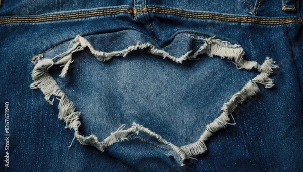 Obraz Distressed denim texture with a large torn area showcasing frayed edges on a blue jeans background for fashion or textile design.