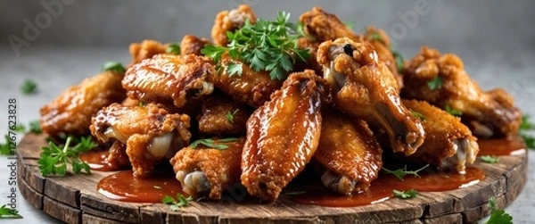 Fototapeta Crispy Fried Chicken Wings Drizzled with Savory Sauce on Wooden Board with Fresh Herbs and Empty Space for Copy or Text