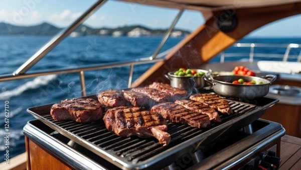 Fototapeta Luxury Barbecue Experience on a Yacht Grilling Succulent Meats with Scenic Ocean Views during a Relaxing Sail