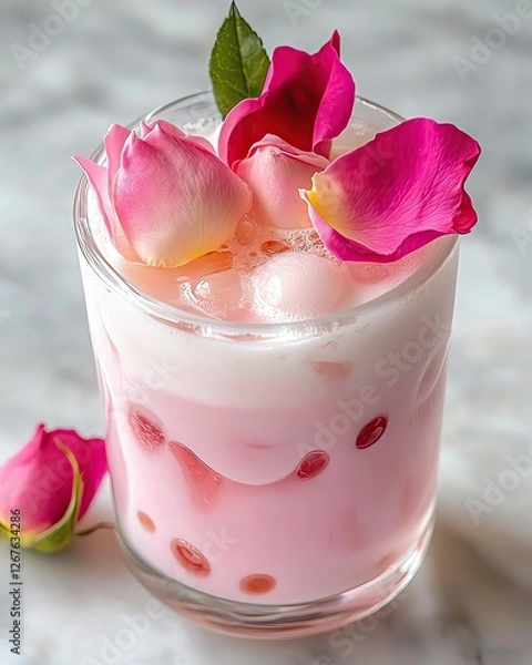 Fototapeta Refreshing drink with rose petals and ice.