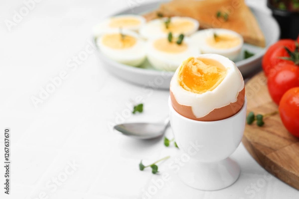 Fototapeta Soft boiled egg on white tiled table, closeup. Space for text