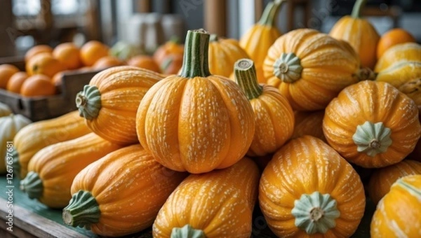 Fototapeta Colorful Assortment of Fresh Orange Squash and Gourds Arranged on a Table with Copy Space for Text or Marketing Messages