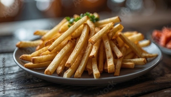 Obraz Plate of Golden French Fries Garnished with Green Onions on Rustic Wooden Table Close-Up Photography