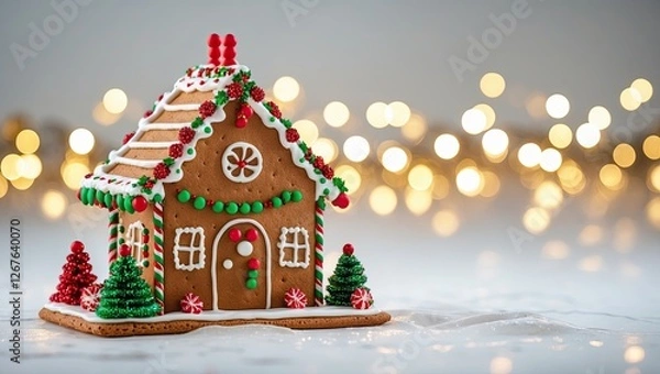 Fototapeta A beautifully crafted gingerbread house decorated with colorful icing, placed against a soft blurred background of twinkling lights, evoking festive