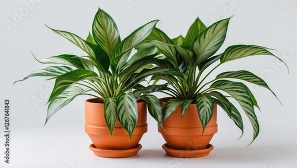 Fototapeta Dieffenbachia plants in terracotta pots with glossy leaves isolated on a clean white background showcasing indoor greenery decor.
