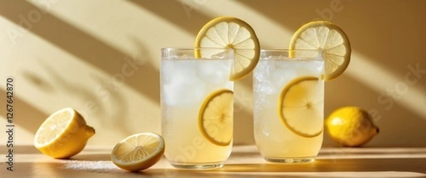 Fototapeta Refreshing Lemonade Drinks in Glasses Garnished with Lemon Slices and Yellow Background Perfect for Summer or Outdoor Gatherings.