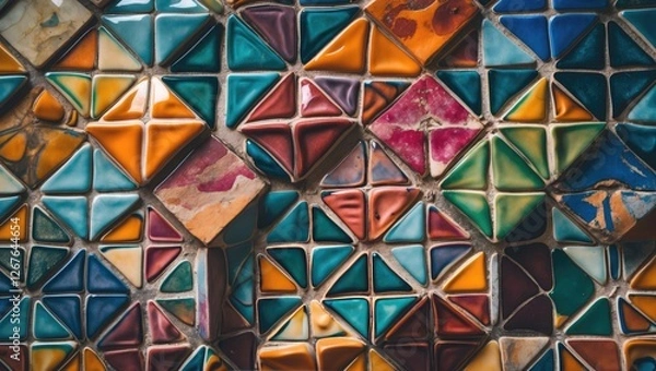 Fototapeta Vibrant geometric tile pattern background showcasing an artistic blend of colors and textures ideal for creative design projects.
