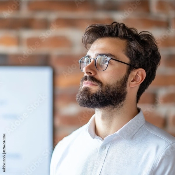 Fototapeta Pensive Man with Beard and Glasses Looks Upward