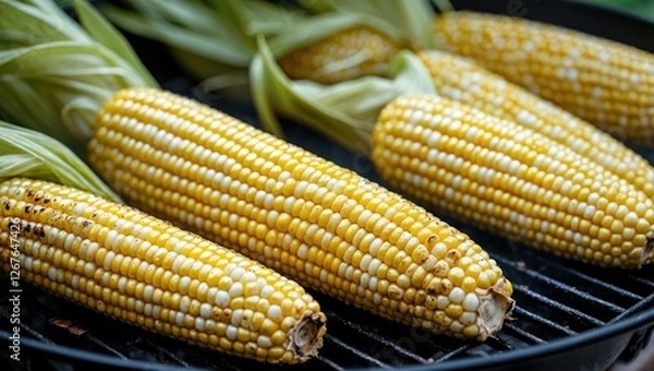 Fototapeta Grilled Corn on the Cob with Husk Freshly Cooked on Barbecue with Space for Text or Caption