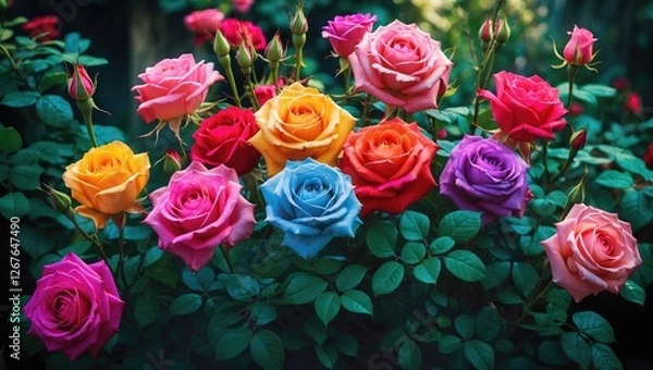 Obraz Vibrant assortment of colorful roses blooming in a lush garden showcasing nature's beauty and diversity.