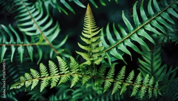 Fototapeta Lush green fern leaves arranged in a natural pattern showcasing the intricacies and textures of foliage in a serene setting.